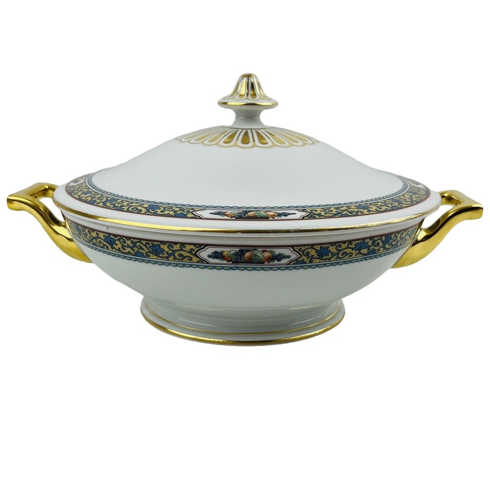 Thomas Bavaria Harvest Round Covered Vegetable Dish Fruit‎ Blue Scrolls Gold Rim